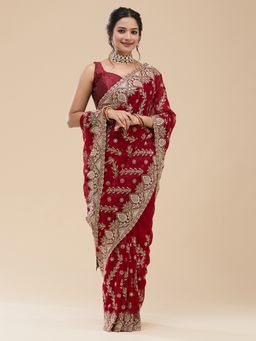 Vervee Couture - Women Red Net Ruhani Designer Wear Saree with Unstitched Blouse