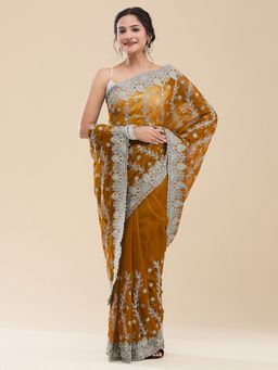 Vervee Couture - Women Mustard Net Ruhani Designer Wear Saree with Unstitched Blouse