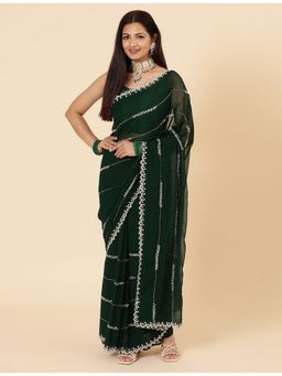 Vervee Couture - Women Green Georgette Sansa Designer Wear Saree with Unstitched Blouse