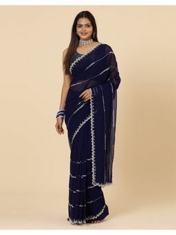 Vervee Couture - Women Navy Blue Georgette Sansa Designer Wear Saree with Unstitched Blouse