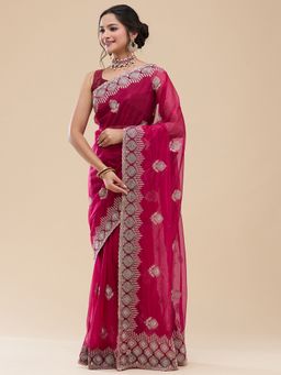 Vervee Couture - Women Pink Net Sitara Designer Wear Saree with Unstitched Blouse
