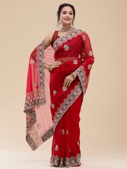 Vervee Couture - Women Red Net Sitara Designer Wear Saree with Unstitched Blouse