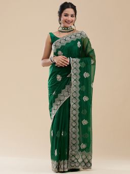 Vervee Couture - Women Green Net Sitara Designer Wear Saree with Unstitched Blouse