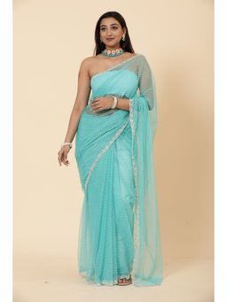 Vervee Couture - Women Turquoise Net Tara Designer Wear Saree with Unstitched Blouse