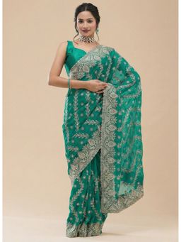 Vervee Couture - Women Teal Georgette Tarang Designer Wear Saree with Unstitched Blouse