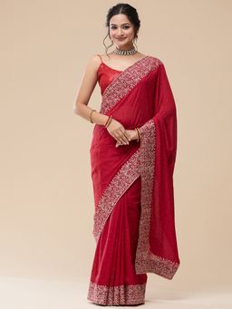 Vervee Couture - Women Red Poly Georgette Vamika Designer Wear Saree with Unstitched Blouse