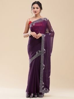 Vervee Couture - Women Purple Poly Georgette Ved Designer Wear Saree with Unstitched Blouse