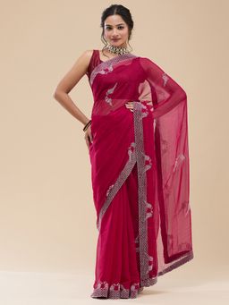 Vervee Couture - Women Pink Poly Georgette Ved Designer Wear Saree with Unstitched Blouse