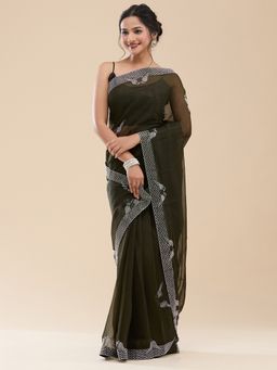 Vervee Couture - Women Olive Poly Georgette Ved Designer Wear Saree with Unstitched Blouse