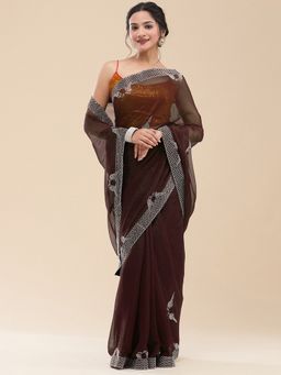 Vervee Couture - Women Brown Poly Georgette Ved Designer Wear Saree with Unstitched Blouse