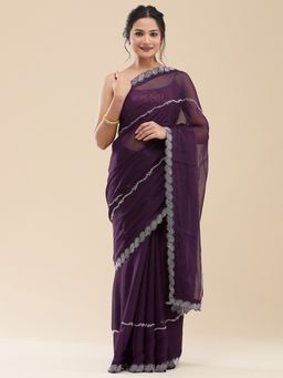 Vervee Couture - Women Purple Poly Georgette Veer Designer Wear Saree with Unstitched Blouse