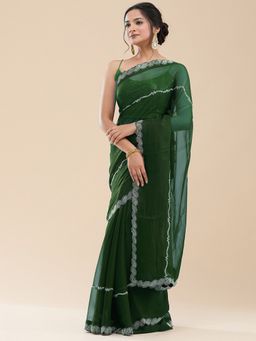 Vervee Couture - Women Green Poly Georgette Veer Designer Wear Saree with Unstitched Blouse