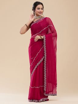 Vervee Couture - Women Pink Poly Georgette Veer Designer Wear Saree with Unstitched Blouse