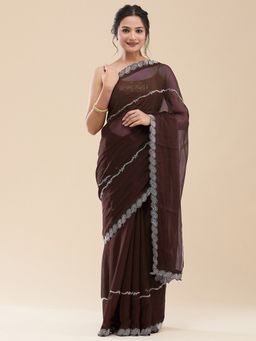 Vervee Couture - Women Brown Poly Georgette Veer Designer Wear Saree with Unstitched Blouse