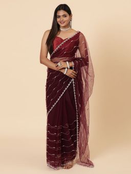 Vervee Couture - Women Maroon Net Zehar Designer Wear Saree with Unstitched Blouse
