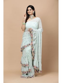 Vervee Couture - Women Turquoise Georgette Zikr Designer Wear Saree with Unstitched Blouse