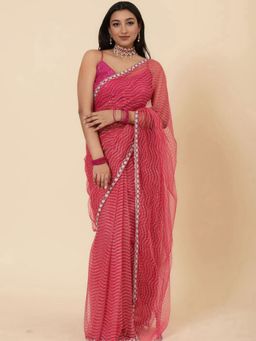 Vervee Couture - Women Pink Net Zulf Designer Wear Saree with Unstitched Blouse