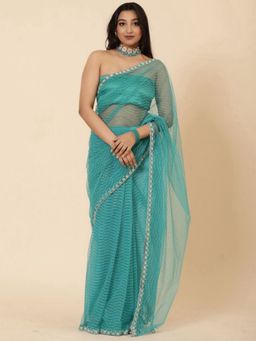 Vervee Couture - Women Blue Net Zulf Designer Wear Saree with Unstitched Blouse