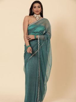 Vervee Couture - Women Teal Net Zulf Designer Wear Saree with Unstitched Blouse