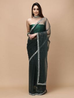 Vervee Couture - Women Green Net Zulf Designer Wear Saree with Unstitched Blouse