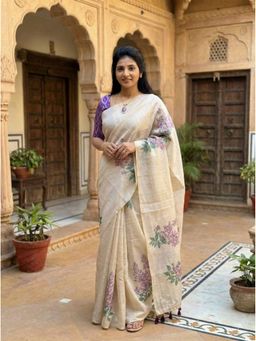 Anjaneya Sarees - Women Beige Linen Printed Saree with Unstitched Blouse