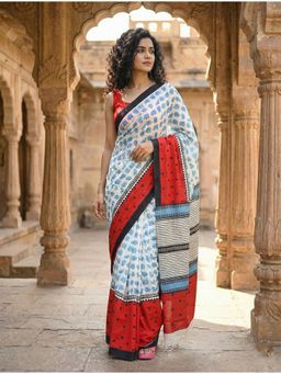 Anjaneya Sarees - Women White Linen Printed Saree with Unstitched Blouse