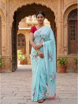 Anjaneya Sarees - Women Blue Linen Printed Saree with Unstitched Blouse