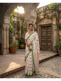 Anjaneya Sarees - Women White Linen Printed Saree with Unstitched Blouse