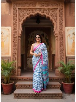 Anjaneya Sarees - Women Blue Linen Printed Saree with Unstitched Blouse
