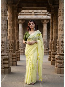 Anjaneya Sarees - Women Yellow Linen Printed Saree with Unstitched Blouse