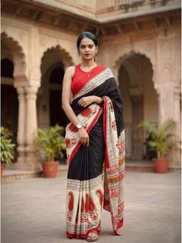 Anjaneya Sarees - Women Black Linen Printed Saree with Unstitched Blouse