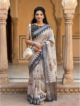 Anjaneya Sarees - Women Grey Linen Printed Saree with Unstitched Blouse