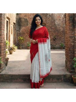 Anjaneya Sarees - Women Red Linen Printed Saree with Unstitched Blouse