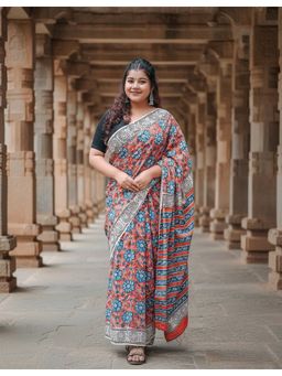 Anjaneya Sarees - Women Red Linen Floral Saree with Unstitched Blouse
