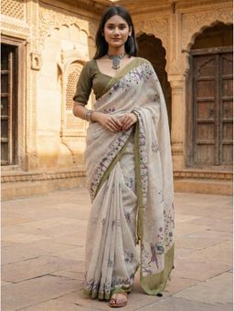 Anjaneya Sarees - Women Green Linen Printed Saree with Unstitched Blouse