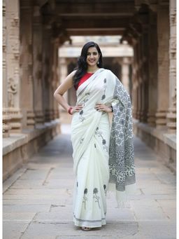 Anjaneya Sarees - Women White Linen Printed Saree with Unstitched Blouse