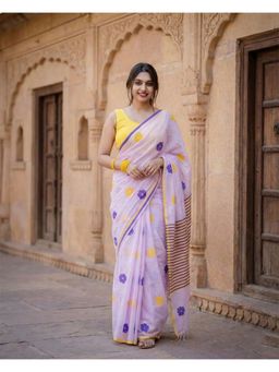 Anjaneya Sarees - Women Purple Linen Printed Saree with Unstitched Blouse