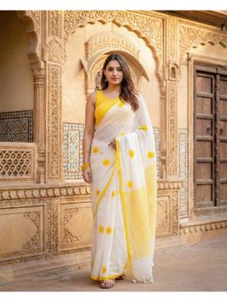 Anjaneya Sarees - Women White Linen Polka Dots Saree with Unstitched Blouse