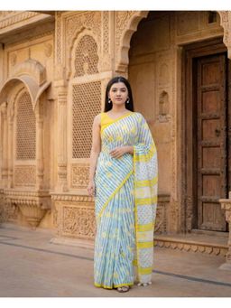 Anjaneya Sarees - Women Blue Linen Stripes Saree with Unstitched Blouse