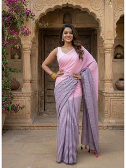 Anjaneya Sarees - Women Pink Linen Stripes Saree with Unstitched Blouse