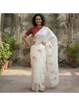 Anjaneya Sarees - White Women Linen Printed Saree with Unstitched Blouse