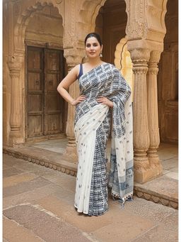 Anjaneya Sarees - Women Tassels White Linen Printed Saree with Unstitched Blouse