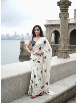 Anjaneya Sarees - Women White Linen Polka Dots Saree with Unstitched Blouse