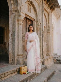Anjaneya Sarees - Women White Linen Floral Saree with Unstitched Blouse