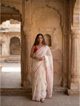 Anjaneya Sarees - Women Tassels White Linen Printed Saree with Unstitched Blouse