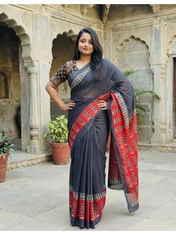 Anjaneya Sarees - Women Navy Blue Linen Floral Saree with Unstitched Blouse