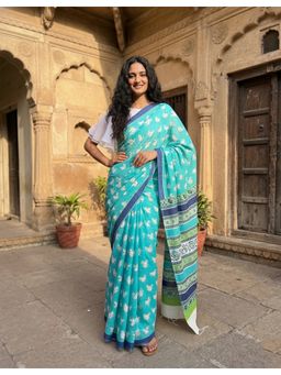Anjaneya Sarees - Women Teal Linen Printed Saree with Unstitched Blouse