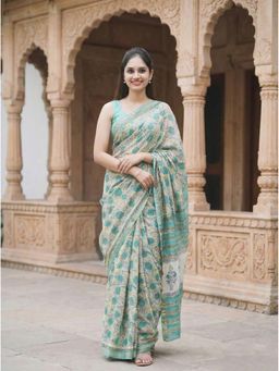 Anjaneya Sarees - Women Green Linen Floral Saree with Unstitched Blouse