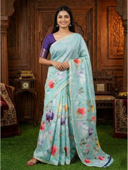 Anjaneya Sarees - Women Green Linen Floral Saree with Unstitched Blouse