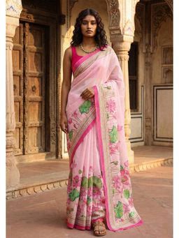 Anjaneya Sarees - Women Pink Linen Floral Saree with Unstitched Blouse